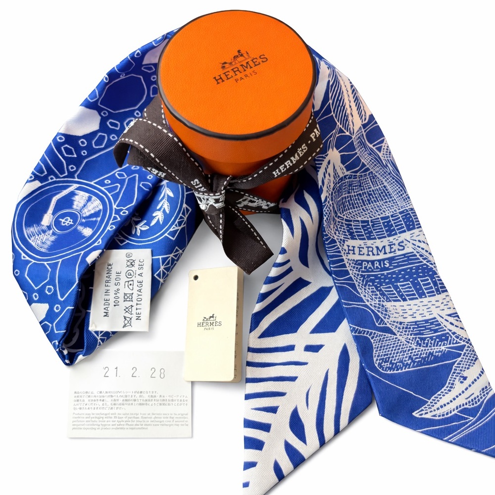 Hermes Blue and White Twilly Scarf
